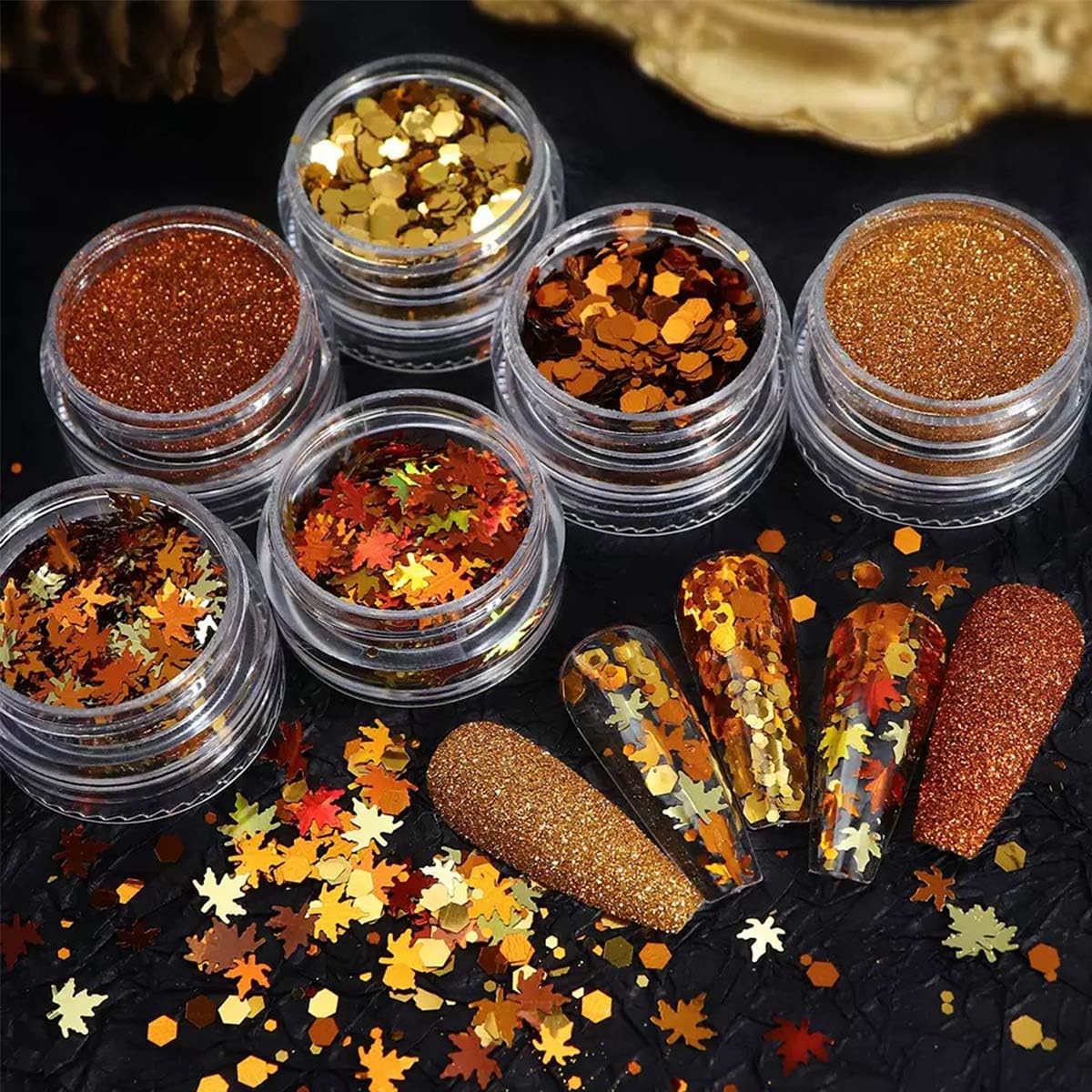 12Boxes Fall Nail Glitter Sequins Maple Leaf Nail Glitter Autumn Leaves Nail Flakes Thanksgiving Nails Glitter Powder 3D Holographic Nail Art Decoration Accessories for Women Girls