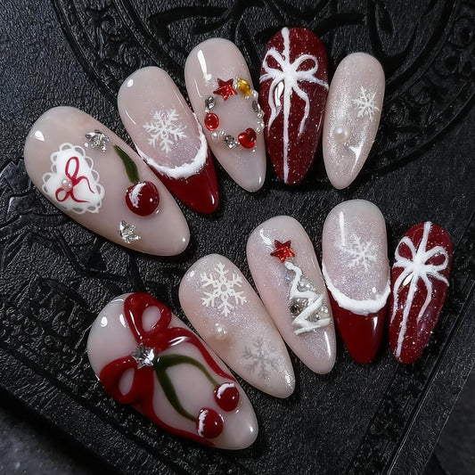 24Pcs Christmas Press on Nails Medium Almond Red French Tip Fake Nails with Star Heart Rhinestones 3D Cherry Bow False Nail Winter Snowflake Acrylic Nail New Year Full Cover Glue on Nails for Women