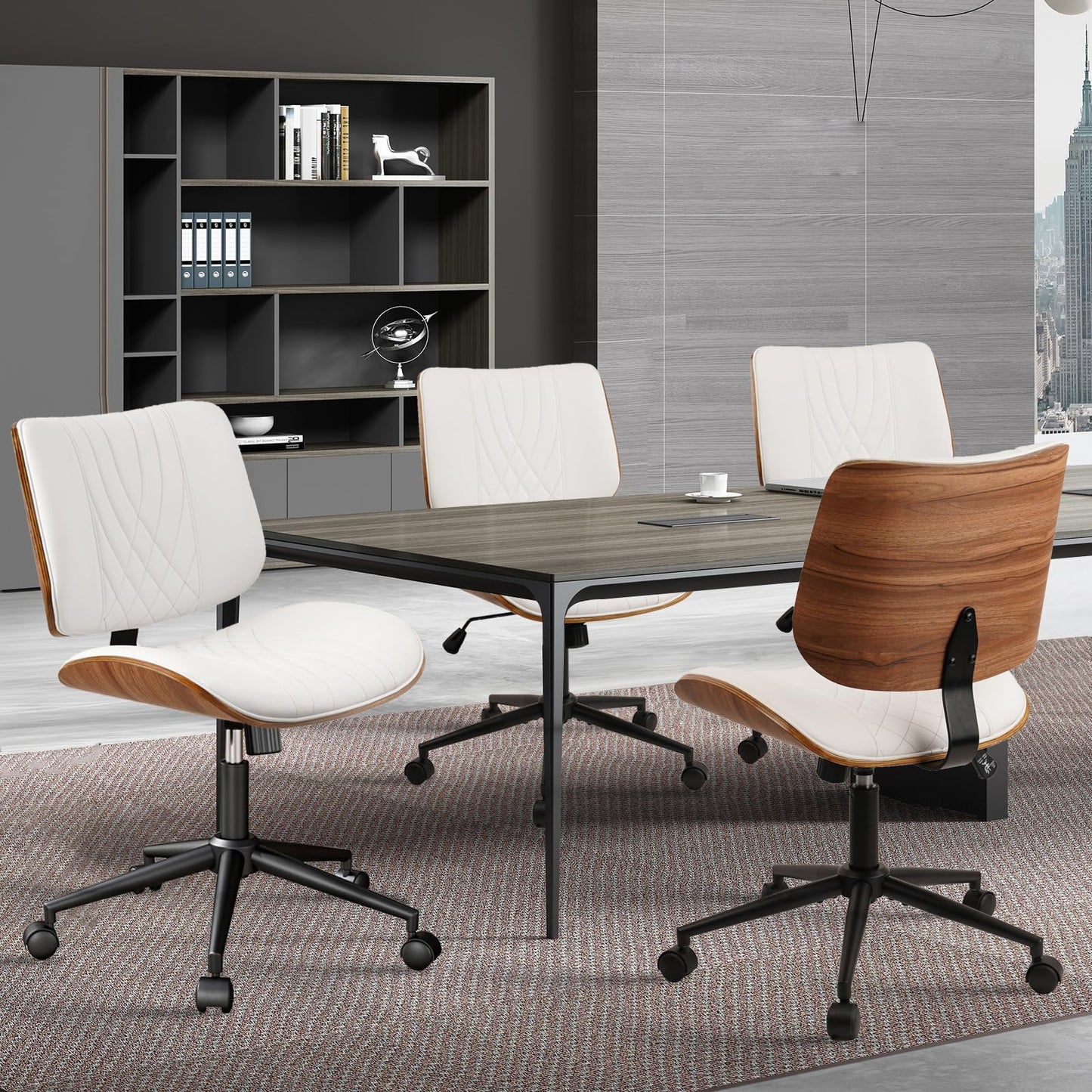CLATINA Armless Home Office Chair, Desk Chair with Wheels, Adjustable Height Reading Chair, Leather Mid Back & Swivel Computer Chair, Modern Walnut Chairs with Back for Studio Meeting Room(White)