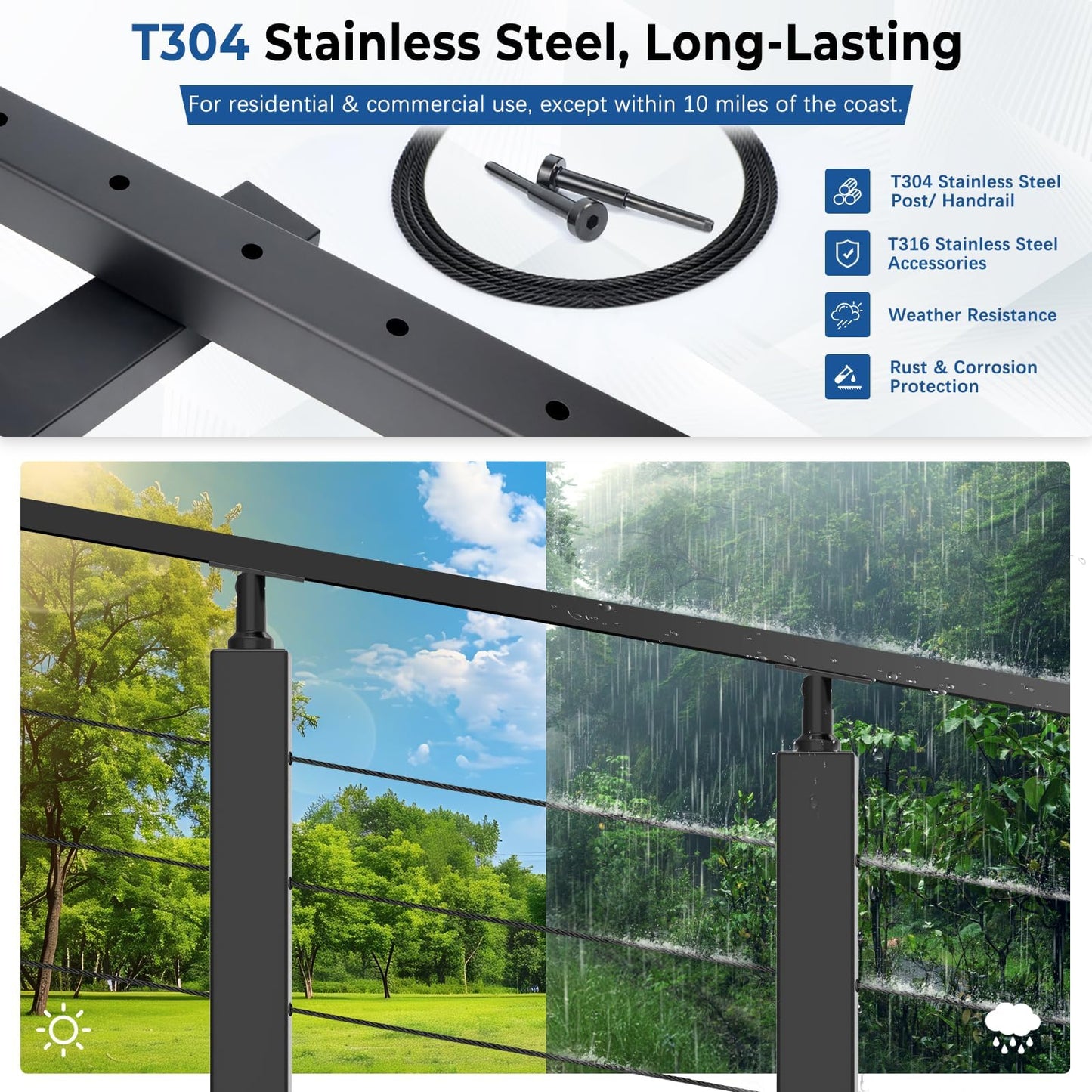 Zylorix 4ft-8ft Complete Set 33° Drilled Cable Railing System 42" with Handrail Cuttable, T304 Stainless Steel Black Angle Cable Railing Posts Kit with 1/8" Cable Railing Hardware for 28-38° Step