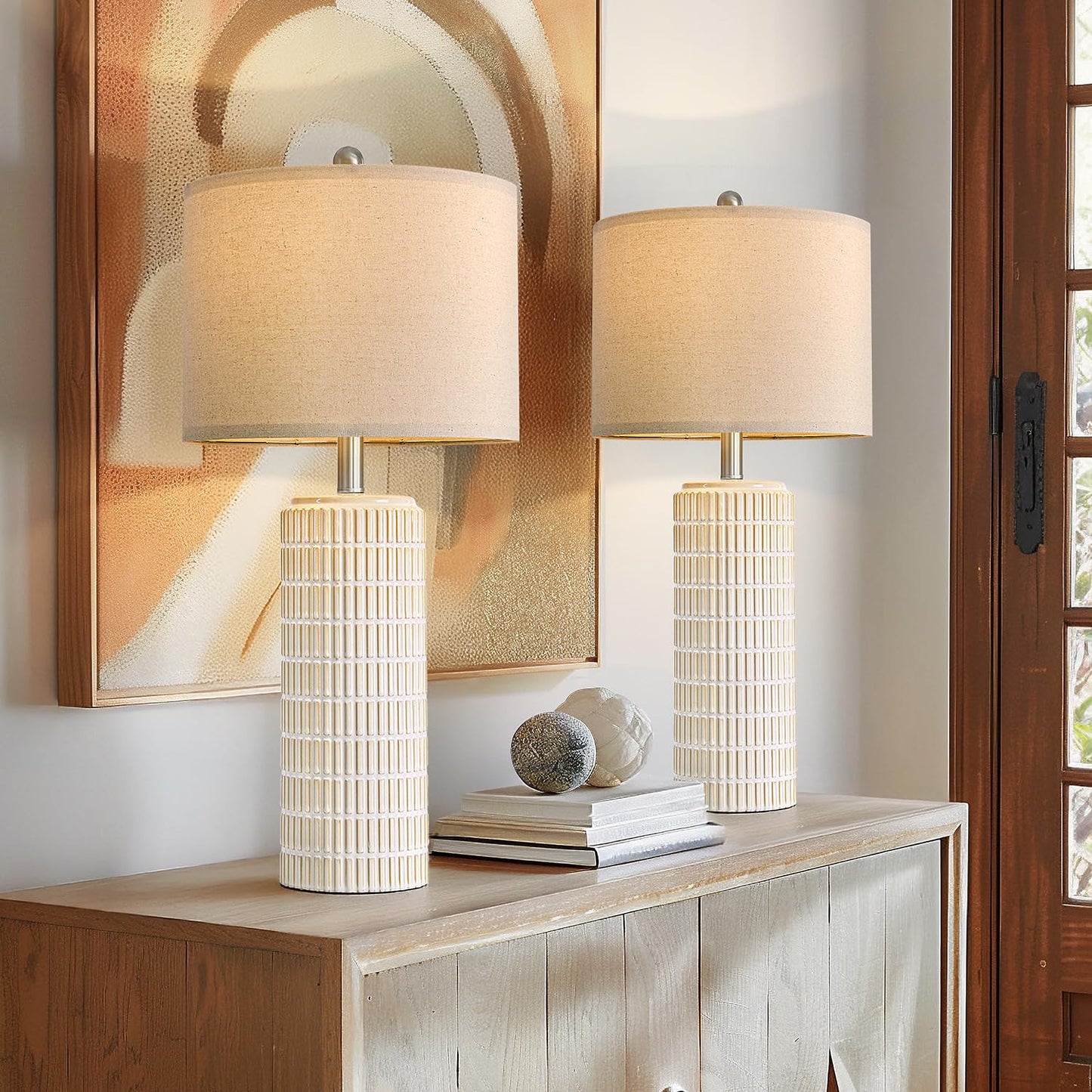 PoKat 23" Modern Ceramic Table Lamp Set of 2 for Living Room White Desk Lamps for Bedroom Farmhouse Bedside Nightstand Bedside Lamp End Table Lamps Beige