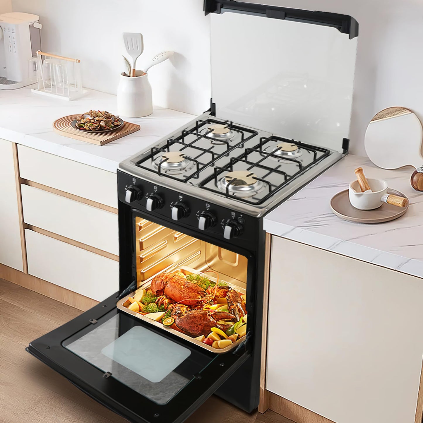 20-inch LPG (Propane) Gas Range, 4-Burner Cooktop with 62L Oven, 201 Stainless Steel, Black Glass Lid, Electronic Ignition, for Kitchen