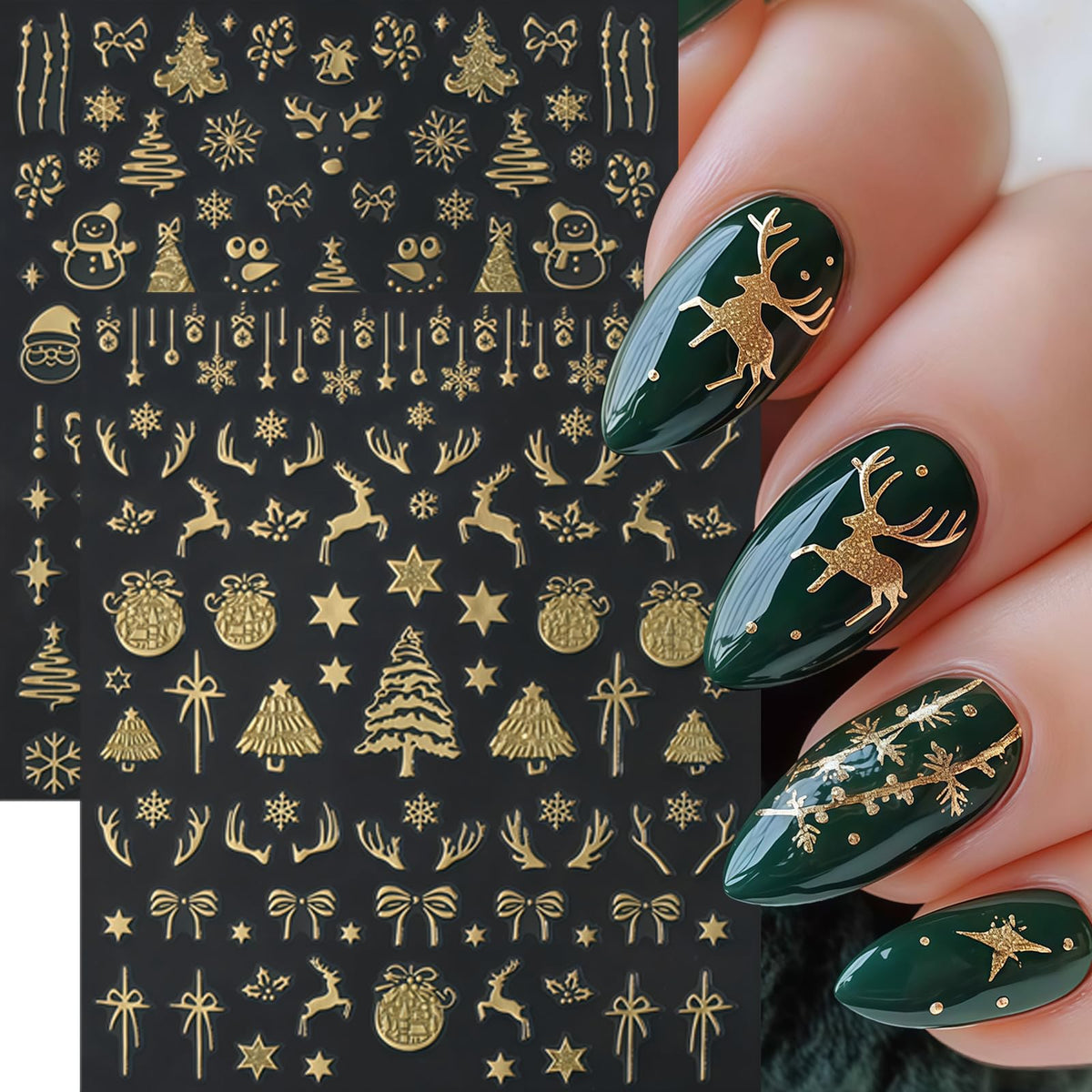 12 Pcs Christmas Nail Stickers Gold Glitter Snowflake Nail Decals Metallic Santa Claus Gingerbread Man Xmas Tree Nail Supplies Christmas Snowmen Nails Supplies for Women Winter Holiday DIY Manicure