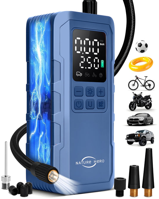 Nature Hero Tire Inflator Portable Air Compressor,150 PSI car tire air pump portable with Digital LCD Pressure Gauge,Electric Air Pump for Motorcycle Tires,Bicycle Tires and Balls,Blue