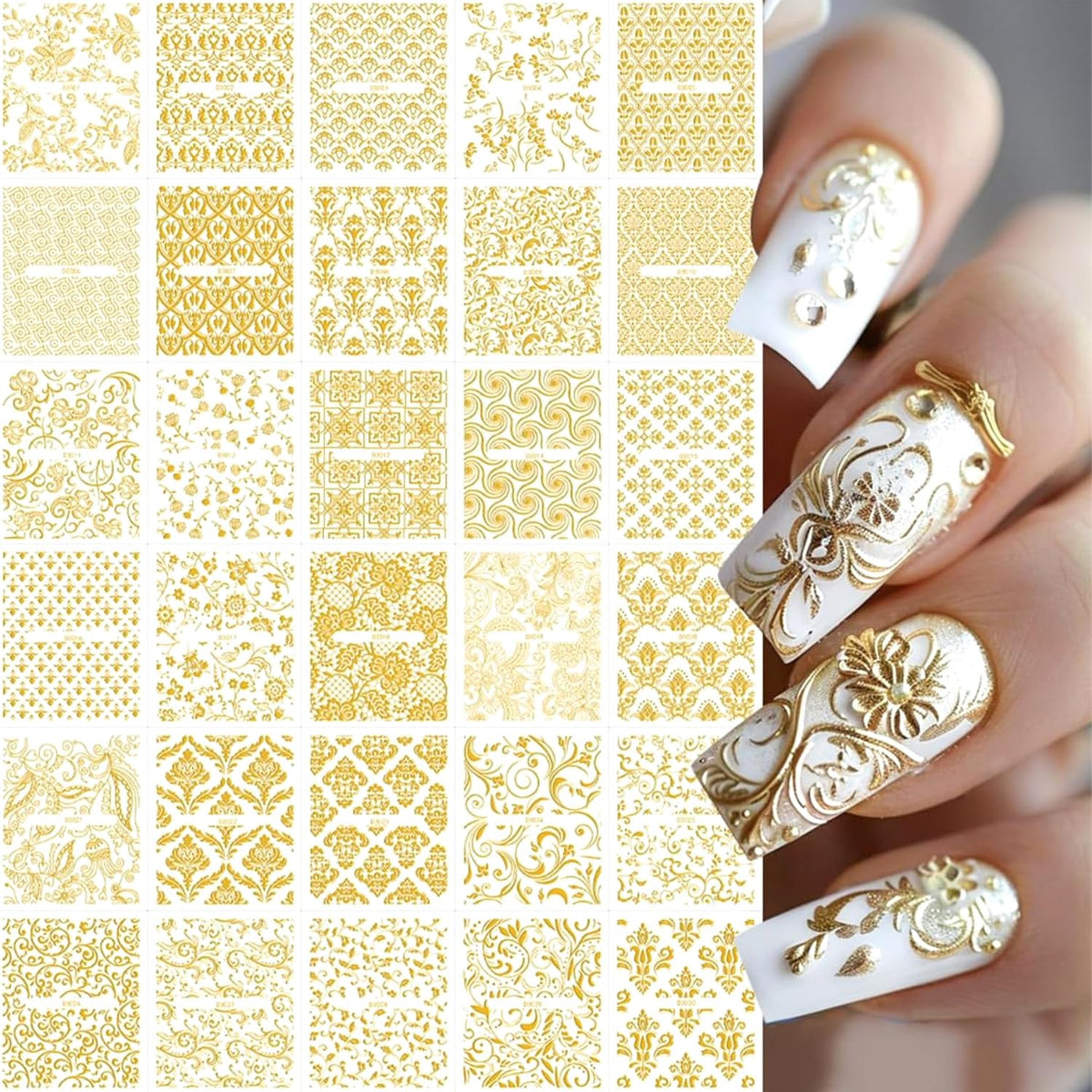 30 Sheet Nail Stickers,Gold Lace Flower Nail Art Stickers,3D Self-Adhesive Nail Decals,with Hollow Retro Floral Vine Design Spring,Gold Lace Floral Acrylic Nails Supplies for Women Manicure Decor