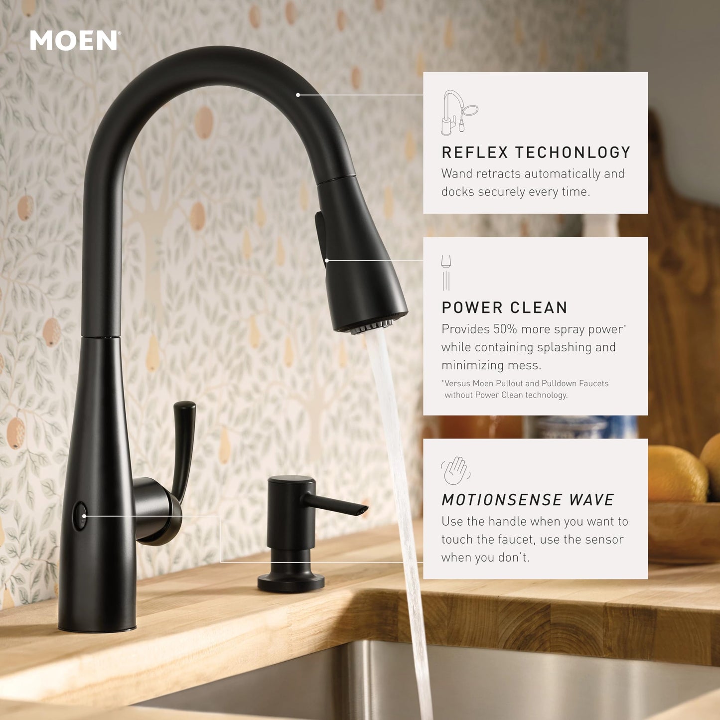 Moen Essie Mediterranean Bronze MotionSense Wave One-Handle Touchless Kitchen Faucet with Pulldown Sprayer and Soap Dispenser, 87014EWBRB