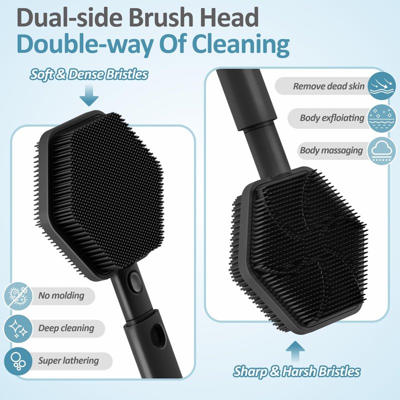 GEENOA Silicone Back/Face Scrubber & Bath Glove Set 3PCS, Extendable Back Scrubber with Dual-Side Large Head, 360° Anti-Slip Bath Glove, Unique Side-bristle Face Scrubber for All-round Cleaning(Black)