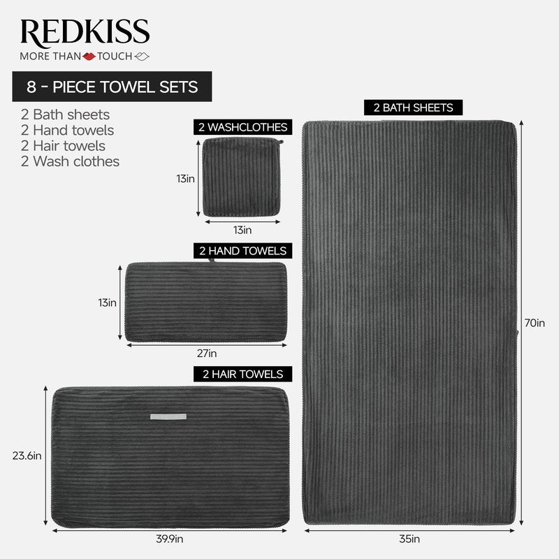 REDKISS Charcoal Gray Bath Towels Set 8 Piece - Microfiber Bathroom Towels of 8 Large, Highly Absorbent Bath Towel, Soft Shower Towel for Bathroom, 2 Bath Sheet 2 Hand 2 Washcloths 2 Hair Towel Wrap