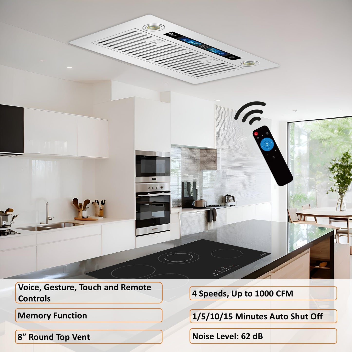 Awoco 28"Wx15"D Ceiling Insert Mount Split Quiet Range Hood with Voice, Gesture, Touch, Remote Controls, 1000 CFM Kitchen Hood with 4-Speed Exhaust Fan, Stainless Steel Stove Hood with 8" Blower