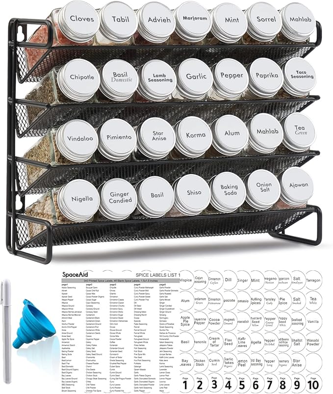 SpaceAid Spice Rack Organizer with 28 Spice Jars, 386 Spice Labels, Chalk Marker and Funnel Set for Cabinet, Countertop, Pantry, Cupboard or Door & Wall Mount - 28 Jars, 13.4" W Ã 10.8" H, White