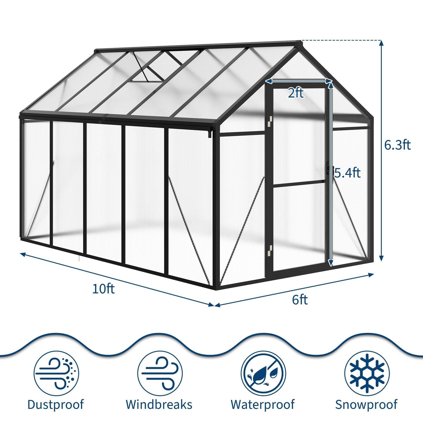 6X10 FT Greenhouse for Outdoors, Polycarbonate Flower Greenhouse with Roof Vent, Push-Pull Lockable Door, Aluminum Walk-in Greenhouses for Outside Garden Backyard, Patio, Lawn, Black
