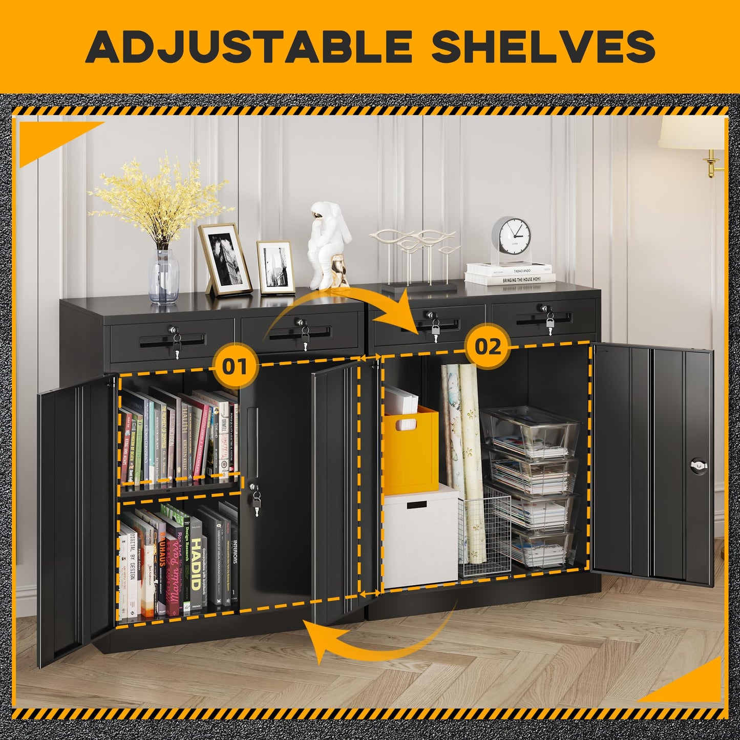 Greenvelly Metal Storage Cabinet, 36" H Lockable Storage Cabinet with 2 Drawers and Adjustable Shelf, Locked Metal Cabinets for Office, Garage, Home (Black)