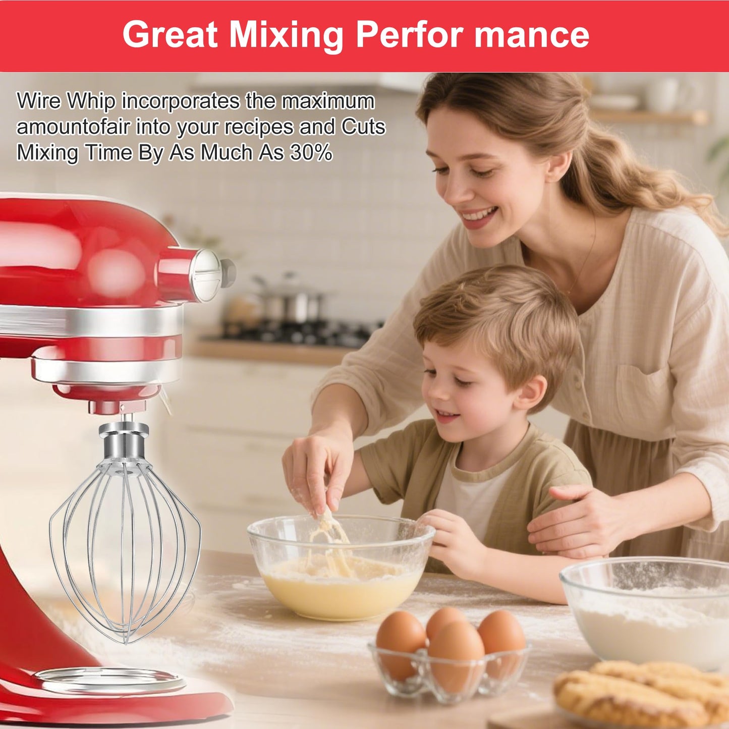 K5A Stainless Steel Whisk for KitchenAid 5Qt Bowl Lift Stand Mixer，6 Wire Whip Attachment for K4 K5 K5SS, KSM5, KG25, KP50, KSM6573, KSM6521, 18/8 Stainless Steel，Heavy Duty，Dishwasher Safe