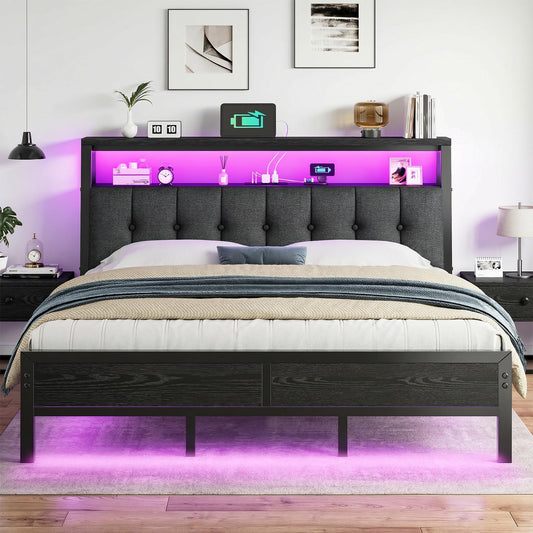 Homkdom King Size Bed Frame with Smart LED Lights, Upholstered Headboard with Charging Station Type C, Metal Platform with 12" Under-Bed &2-Tier Storage Shelves, No Sliding, Noiseless, Black