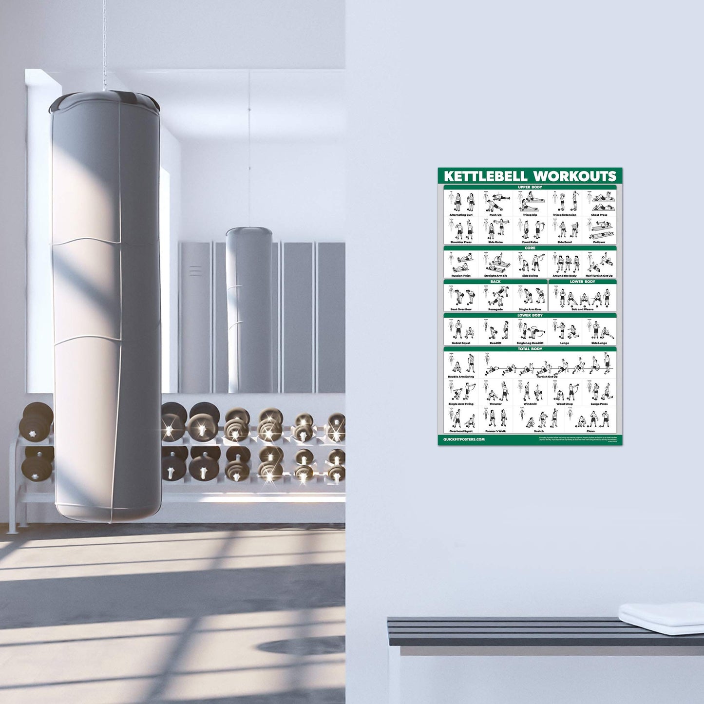 QuickFit Set of 3 Dumbbell Training Boards + Kettlebell Exercises + Body Weight Routine Poster, Laminated, 18" x 24"""