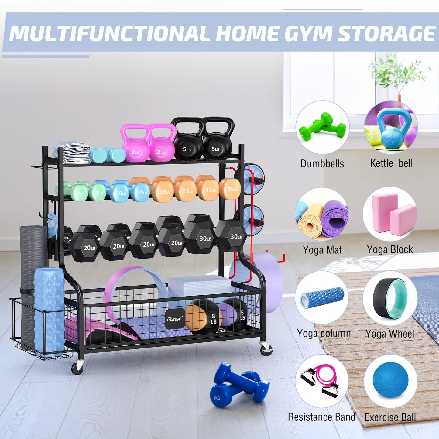 PLKOW Extra Wide Dumbbell Rack, Upgraded Weight Rack for Dumbbells Kettlebells Yoga Mat and Balls, Heavy Duty Home Gym Storage with Wheels and Hooks, Large Capacity Workout Organizer