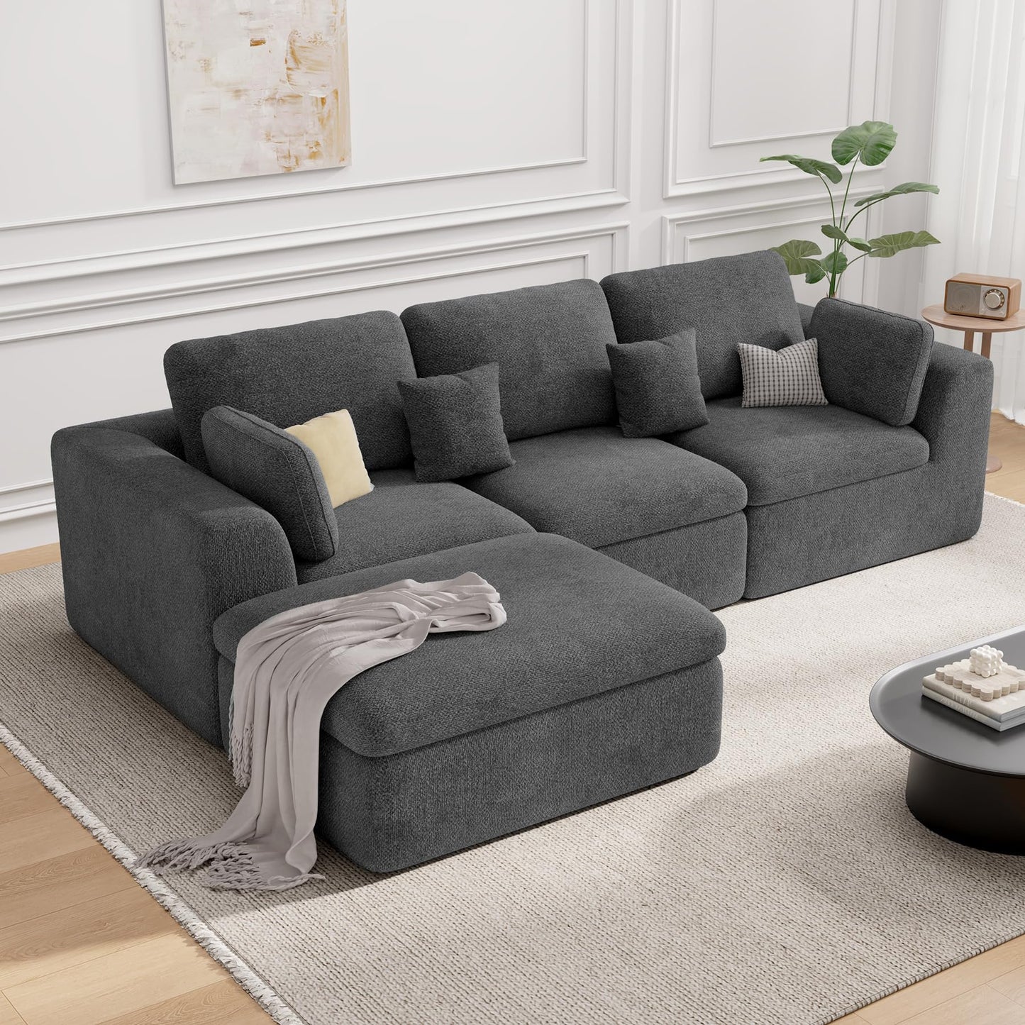 Luxanimarion 115" Cloud Boneless Sectional Couch, Deep Seat L Shaped Modular Couch with Ottoman, Oversized Upholstered Convertible 4 Seater Modular Sofa for Living Room,Black Chenille