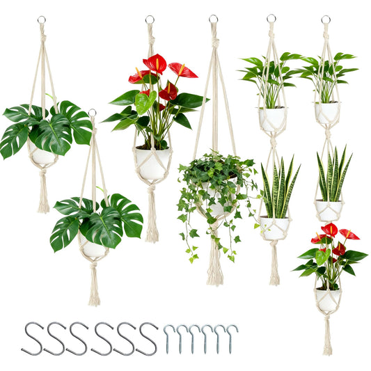 6Pcs White Macrame Plant Hanger Set Different Tiers Hanging Plant Holders Indoor Plant Hangers from Ceiling Hanging Planter Basket Cotton Rope with S Hooks and Hook Nails Boho Home Decor