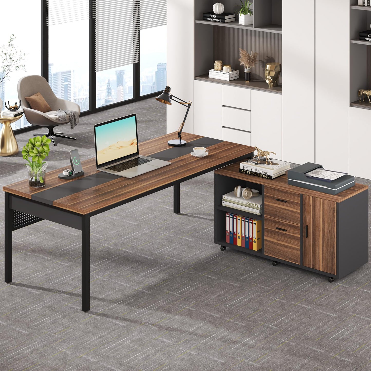 Tribesigns 71 inch Executive Desk, L Shaped Desk with Mobile File Cabinet, Executive Office Table with 2 Drawers and Storage Shelves, Business Furniture Workstation for Home Office, Walnut and Black
