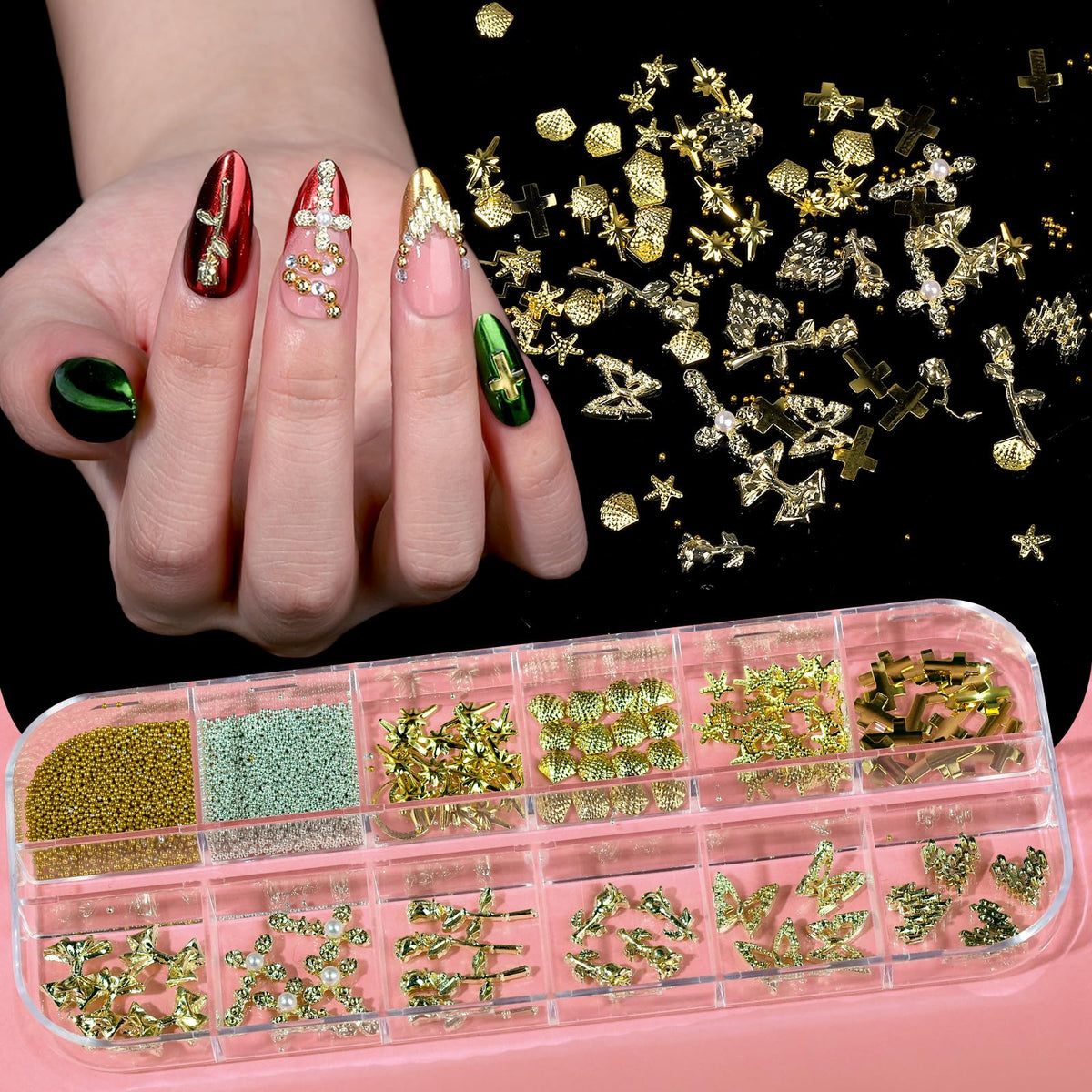 Teenitor Chrome Nail Powder Kit, 14 Pots Nail Chrome Powder with Nail Charms and Gems, Gold Chrome Nail Powder, Silver Red Mirror Effect Crome Powder for Gel Nails, Nail Supplies Nail Design Tools