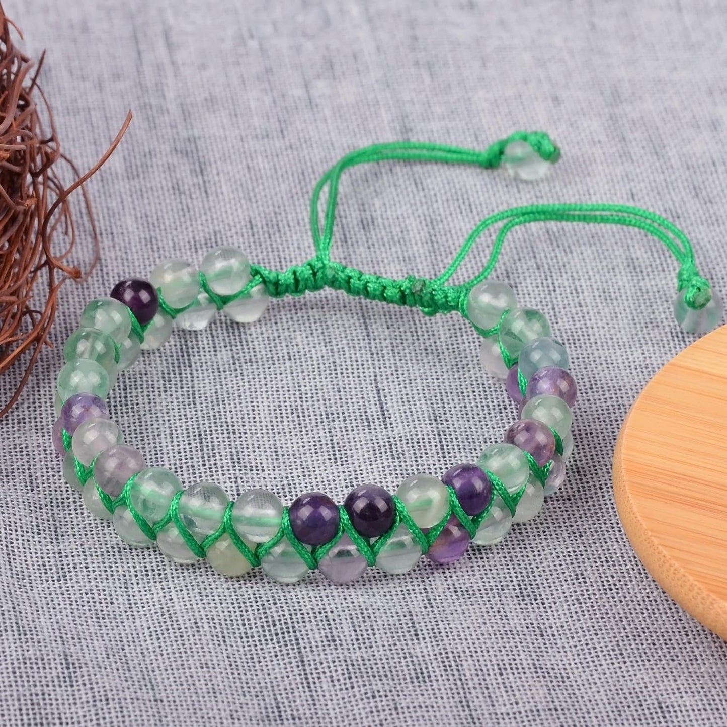 MASSIVE BEADS Natural Chakra Healing Power Crystals Macrame Bracelet Yoga Double Layer Stone Beads Gemstone Meditation Relax Anxiety Bangle for Unisex Women Men (Color Fluorite, 6mm)