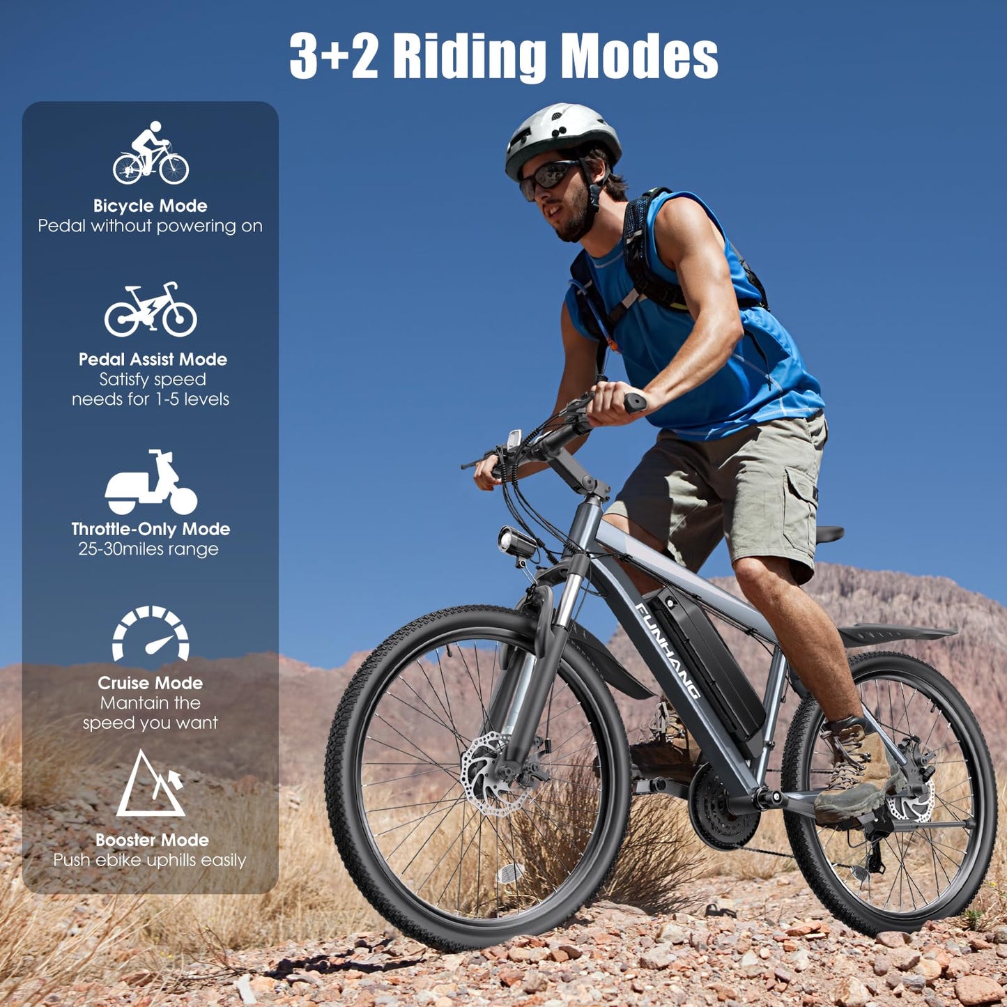 Funhang Electric Bike for Adults, 1000W Peak Ebike, 50Miles 21.7MPH Electric Mountain Bike, 26" Adult Electric Bicycle with 48V Removable Battery, Fenders,7 Speed, Front Suspension, UL 2849 Certified