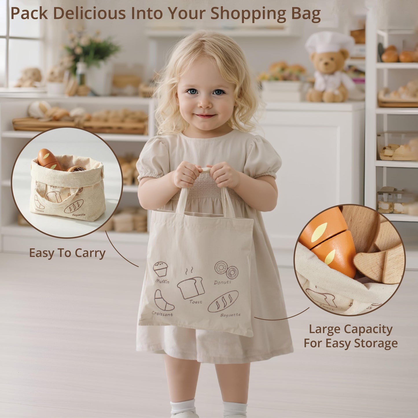 PairPear Wooden Bakery Play Food Set, Pretend Play Kitchen Accessories with Shopping Bag, Kids Cutting Food Gift for Boys and Girls Ages 3+