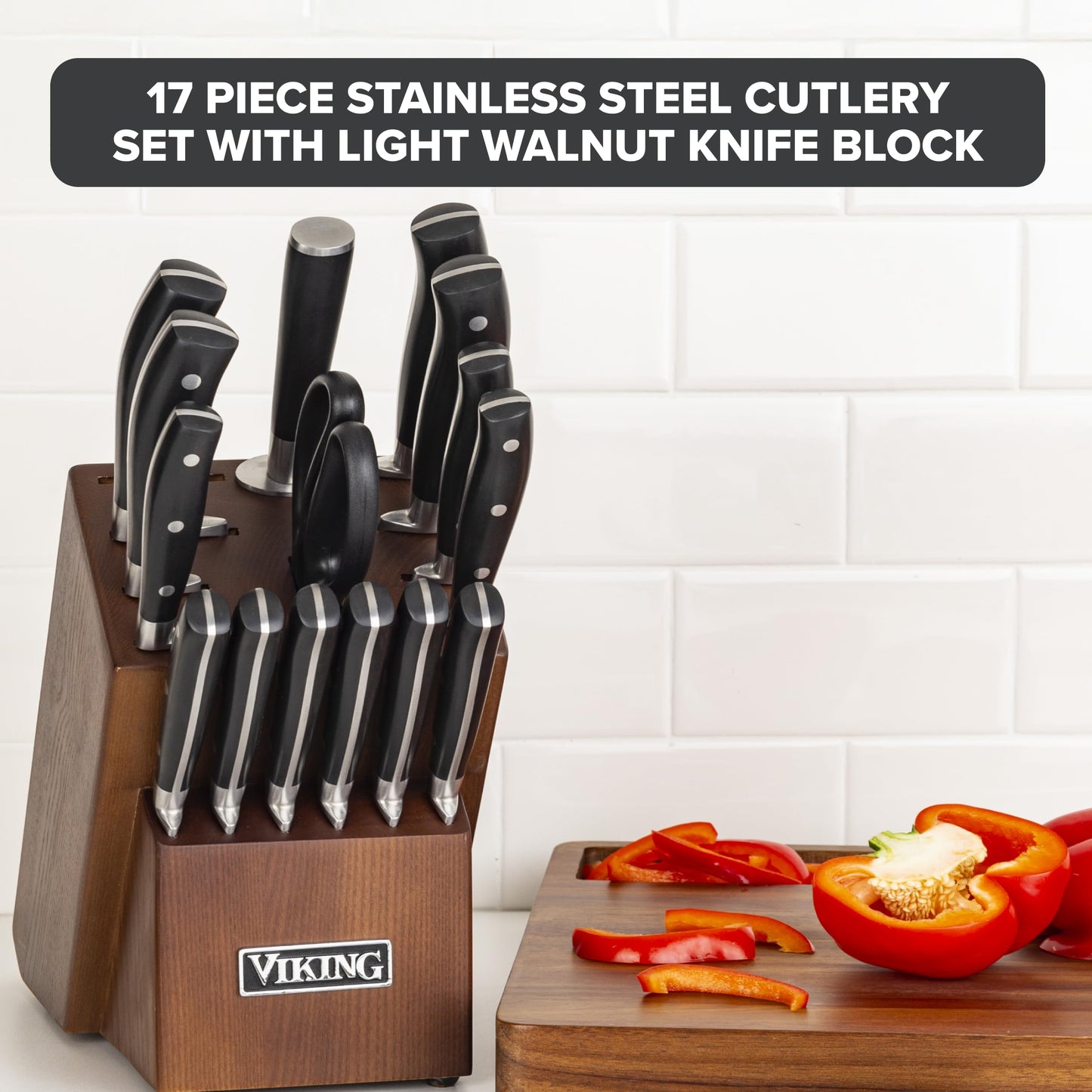 Viking 17 Piece Kitchen Knife Set with Light Walnut Block, Cutlery Set with Stainless Steel Blades and Ergonomic Handles, Dishwasher Safe