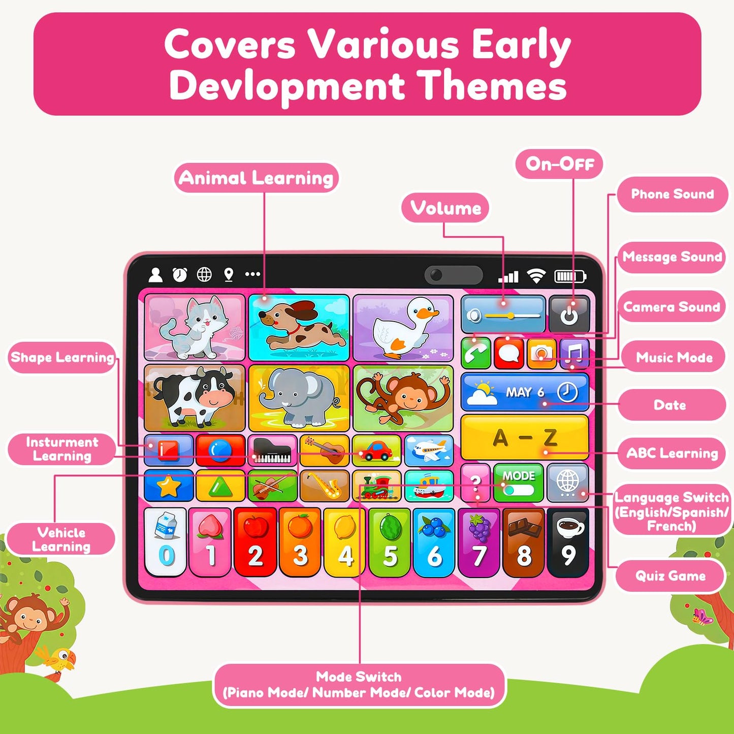Trilingual Learning Toy Tablet with Music & Sound, Montessori Speech Therapy Toys for 1 Year Old Girl Boy Musical Baby Toy 12-18 Months Toddler Girl Toys Age 1-2 2-3 Birthday Gifts (Pink)