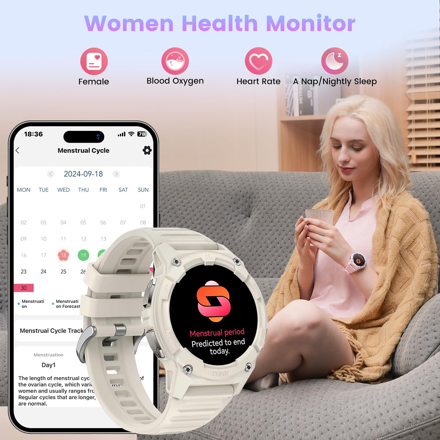 KOSPET Tank S2 Smart Watch for Women GPS, Pressure/Altitude/Compass, 5ATM Waterproof, 1.32" AMOLED Display Fitness Tracker(Answer/Make Call), AI Voice Assistant, 24H Sleep/Hear Rate Monitor