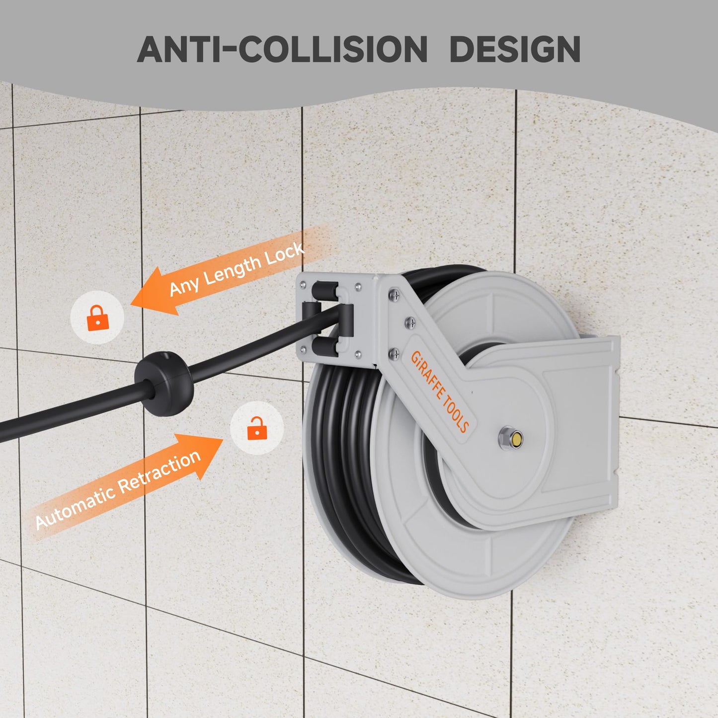 Giraffe Tools Pressure Washer Hose Reel 65ft, Power Washer Hose Reel, Pressure Washer Retractable Hose Reel, Heavy Duty, Replaceable Hoses, Wall/Floor Mounted, 3200 PSI, Silver