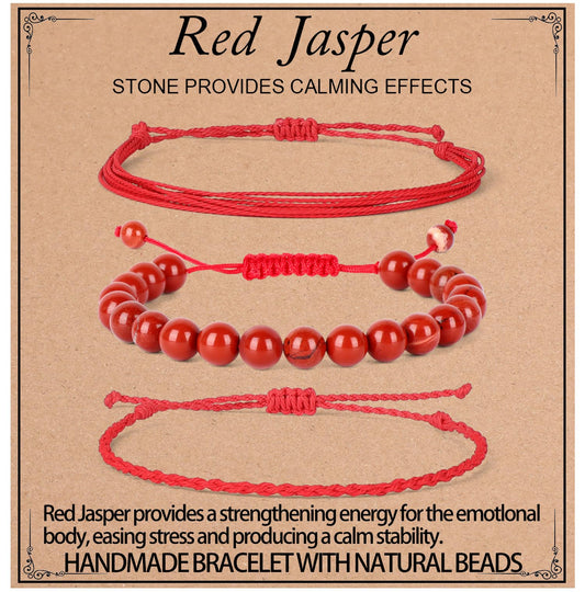 QOGIR Handmade Healing Bracelet,8mm Natural Red Jasper Gem Stone Beads Bracelet Gifts for Men Women with 2PCS Size Adjustable Rope Bracelets