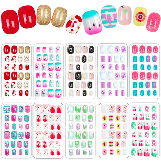 240 Pieces Fake Nails for Kids Girls Artificial Kids Press on Nails Full Cover Short Acrylic Stick On Nails False Nail Tips Kit for Children Little Girls Nail Art Decoration (Gradient Pattern) (Chic)