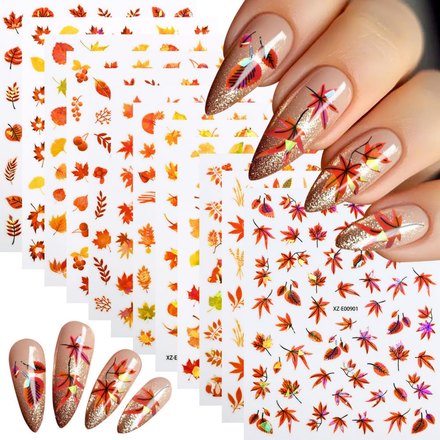 12 Sheets Fall Maple Leaves Nail Stickers Jelly Golden Fallen Leaves 5D Nails Decals Self-Adhesive Thanksgiving Nail Art Supplies for Women Girls DIY Manicure Decorations