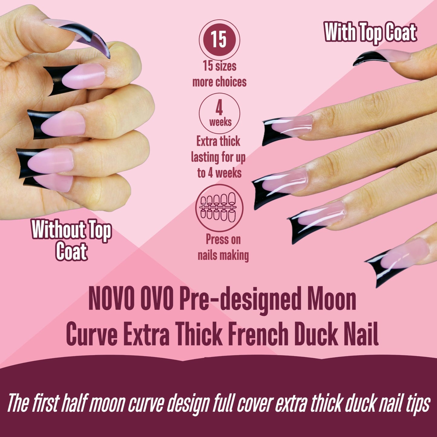 NOVO OVO Halloween Black French Tip Duck Feet Nail Tips Full Cover for Press on Acrylic with Moon Curve, Thick Medim Pre-Etched Matter Flare Wide Soft Gel Fake False Nail Extension x 15 Sizes 150 pcs