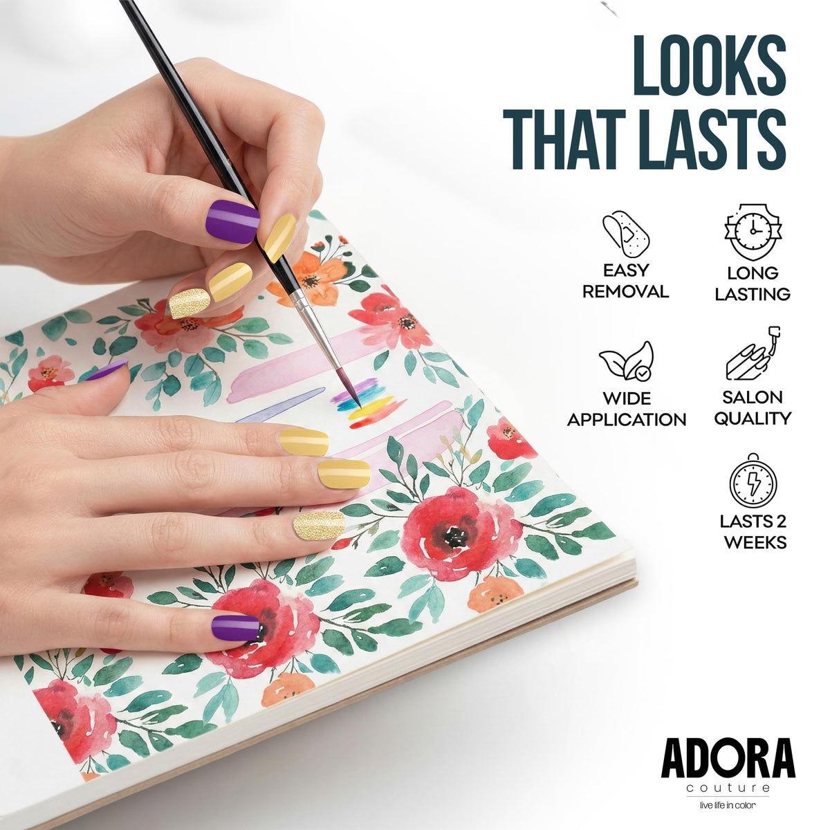 Adora Couture Semi Cured Gel Nail Strips with 20 Pieces - UV Gel Stickers, Manicure Kit, Easy Application Wraps Includes Prep Pads, Nail File, Wooden Stick - UV Light Required (Golden Plum)