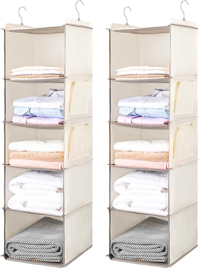 BOOMIBOO Hanging Closet Organize and Shelvesï¼5-Hanging Shelf with 2 Side Pocketsï¼Storage Foldable ï¼2 Pack ï¼Beigeï¼