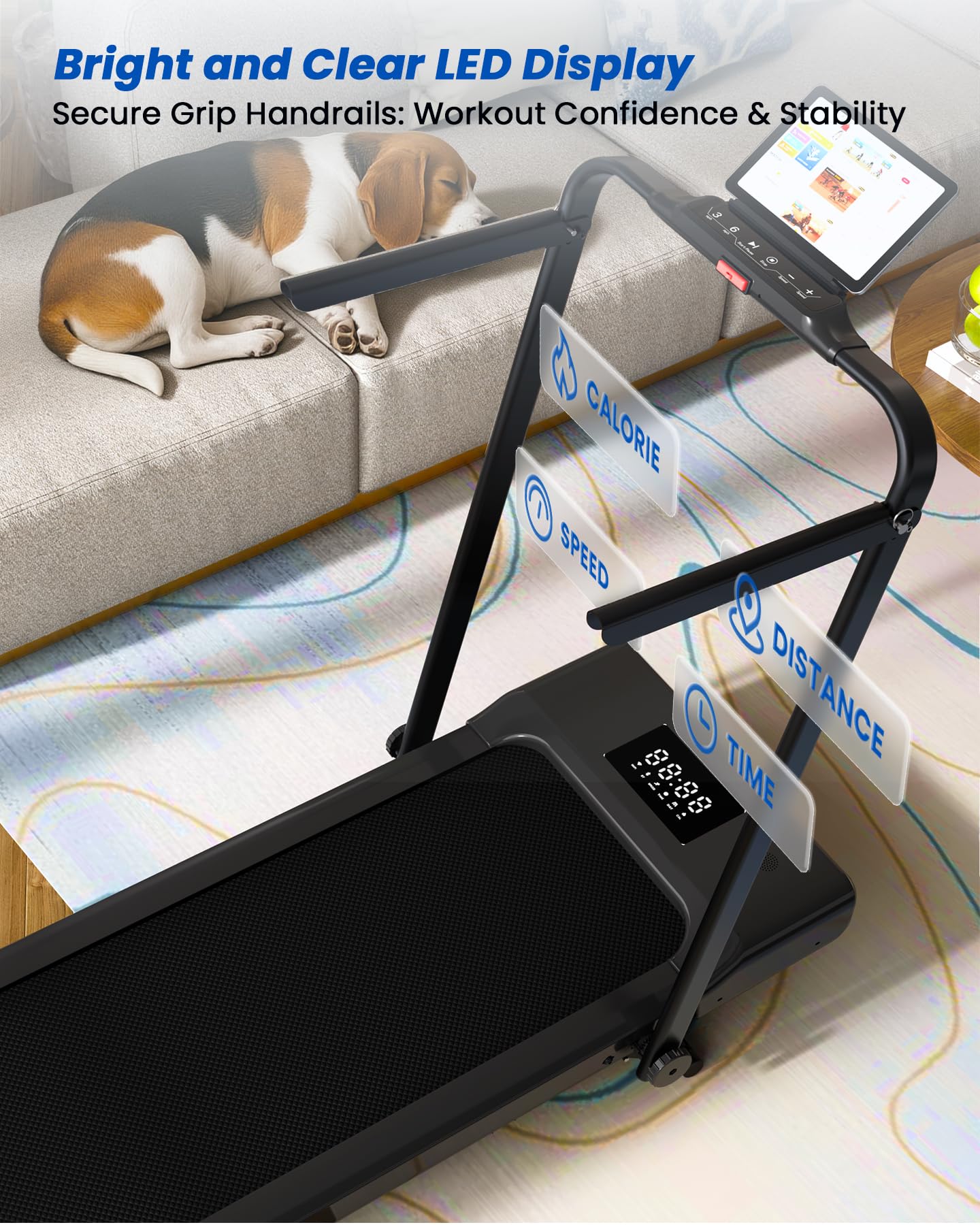 DeerRun Foldable Walking Pad Treadmill for Home & Office, Under Desk Walking Pad Treadmill with 9% Manual Incline and Handlebar, 0.6–7.5 MPH, 300 lb Capacity, App & Remote Control
