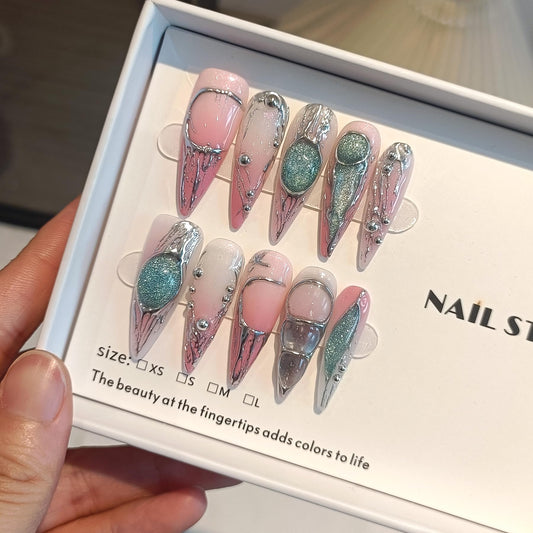 TENPAL Long Stiletto Press on Nails,Pink-Silver Holographic Gradient Hand-Painted Moons Fake Nails with 10pcs Tools,3D Cat Eye Glitter False Nails,Edgy Meteors Design Sweet-Edge Metal Nails(M)