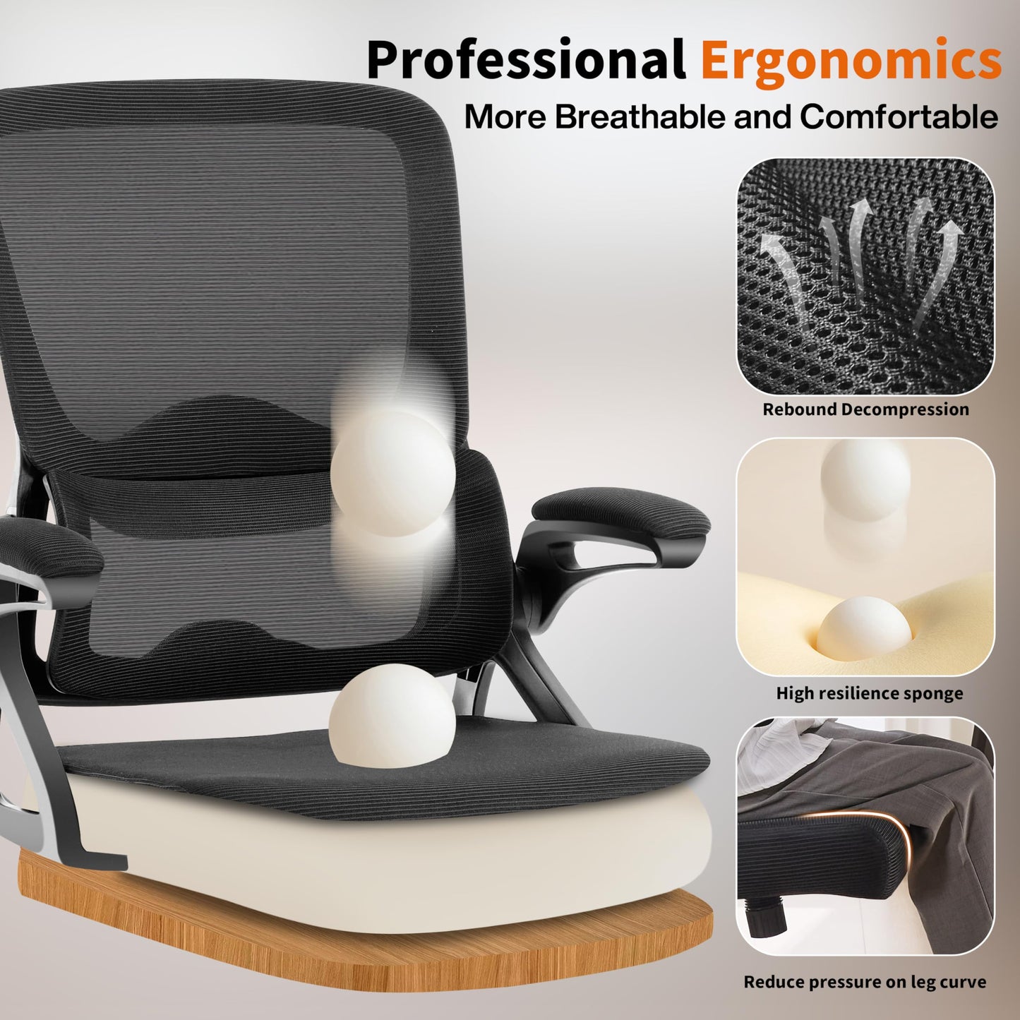 Nexthro Ergonomic Office Chair,Mesh Office Chair with Lumbar Support,Mid Back Desk Chair with Flip-up Arms,400 lbs Comfy Computer Chair for Home Office