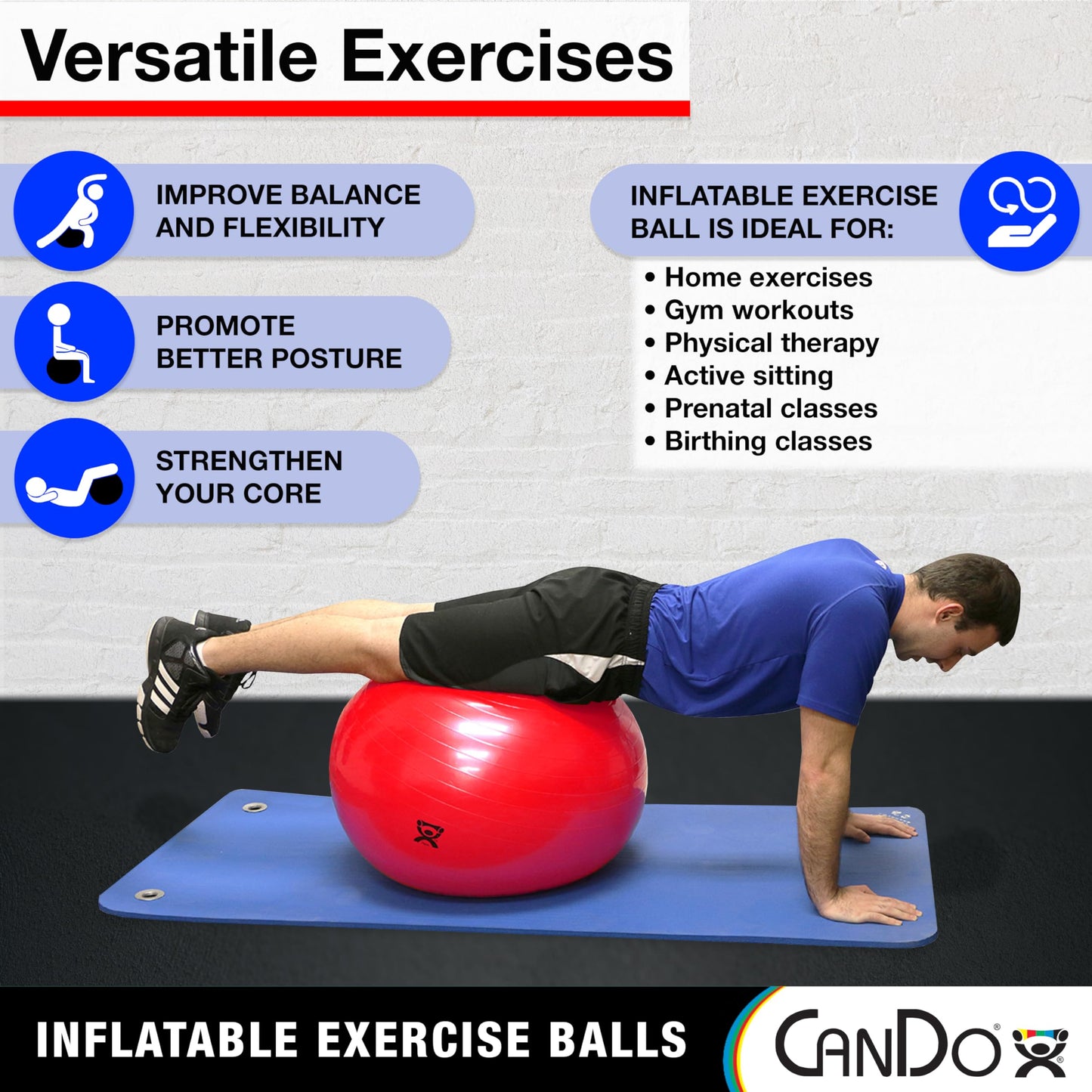 CanDo Inflatable Exercise Ball Yellow 18" Durable Extra Thick Non-Slip Stability Ball for Core Workouts Yoga Pilates Active Seating Physical Therapy Pregnancy Home Gym Flexibility