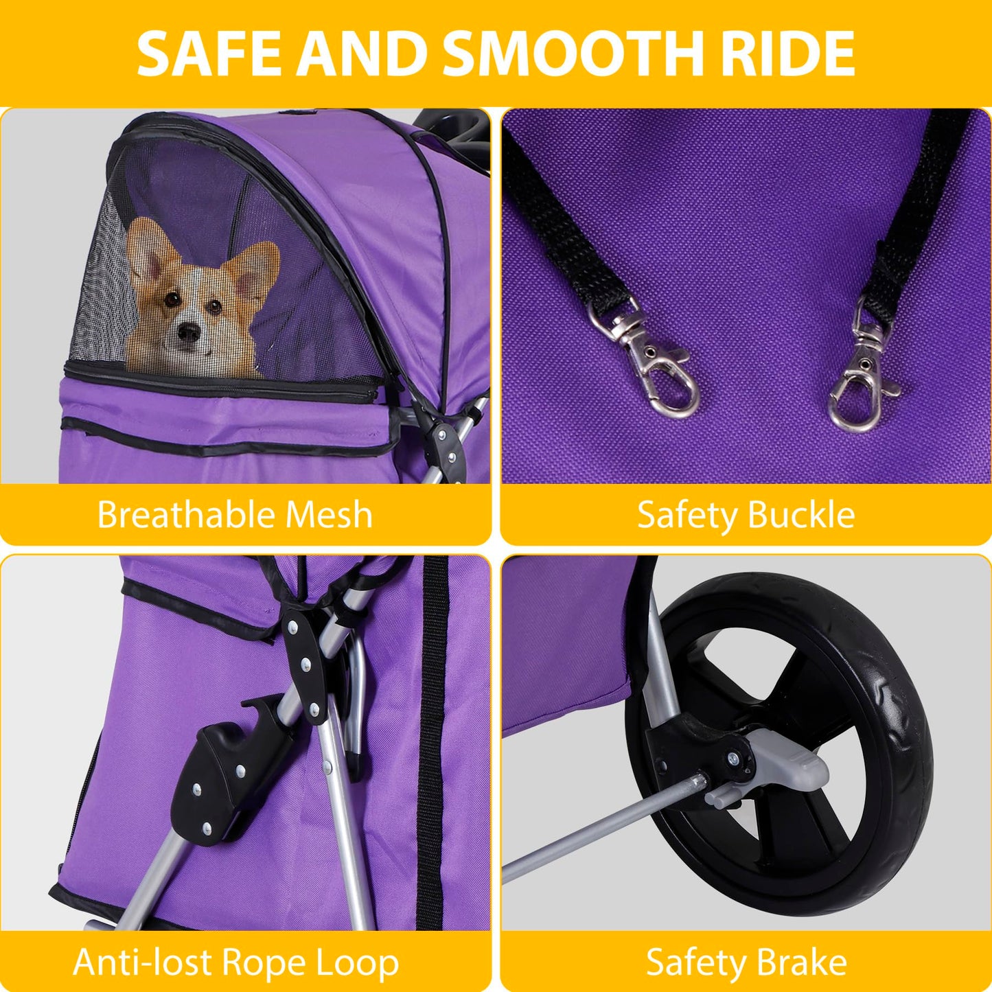 Epetlover 4 Wheels Dog Stroller Folding Pet Strolling Cart for Small Medium Cats Puppies Portable Jogger Travel Camping Puppy Carrier with Storage Basket Cup Holder, Purple