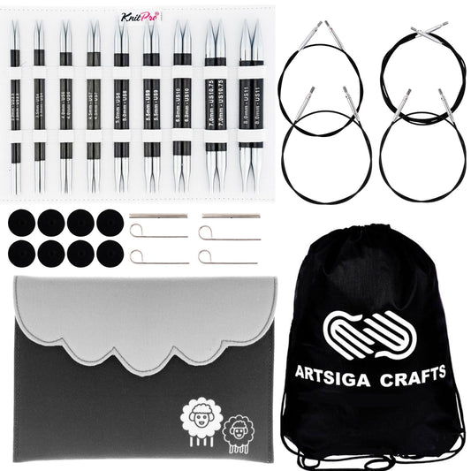 KnitPro Karbonz Deluxe Set 5 inch Circular Knitting Needles Size 2.5, 4, 6, 7, 8, 9, 10, 10.75, 11 Interchangeable, 4 Cables, 8 Caps, 4 Keys, Fabric Case with Project Bag