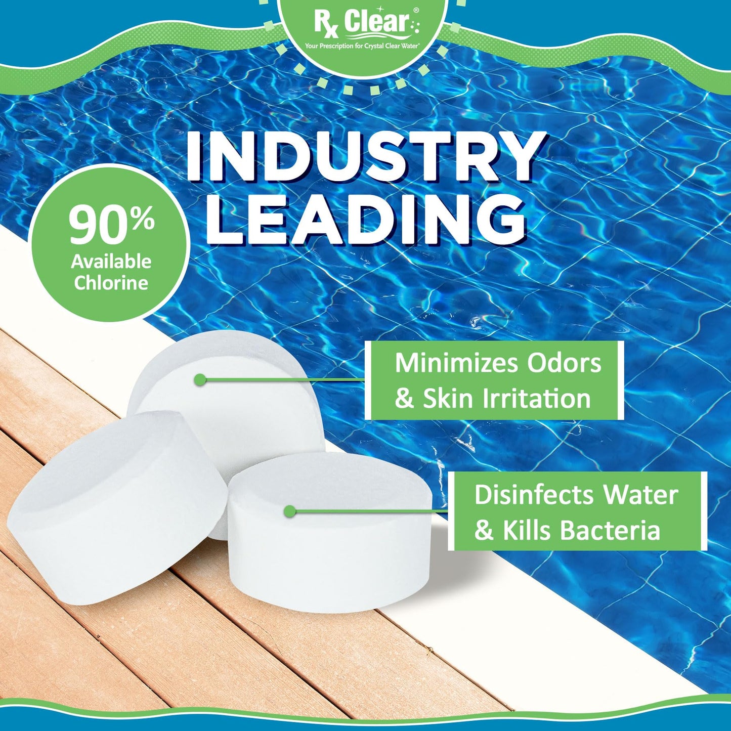 Rx Clear 1" Inch Chlorine Tabs | 15 Pounds | Use Tablets as Bactericide, Algaecide, & Disinfectant in Swimming Pools | Stabilized, Long Lasting, Slow Dissolving, & UV Protected