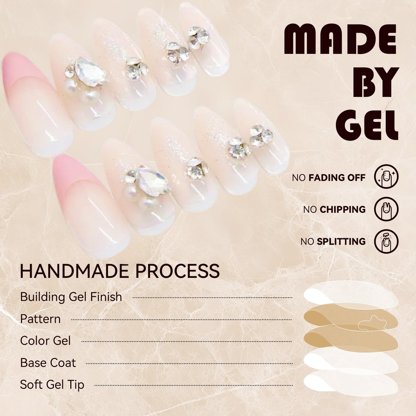 C.Z.Z.T.T.NAILS Press-On Nails for Women, 24 Pieces Fake Nails, Almond Shape with Jelly Glue,Pink French Style with Crystal Rhinestones and Glitter,Perfect for Gift or Parties