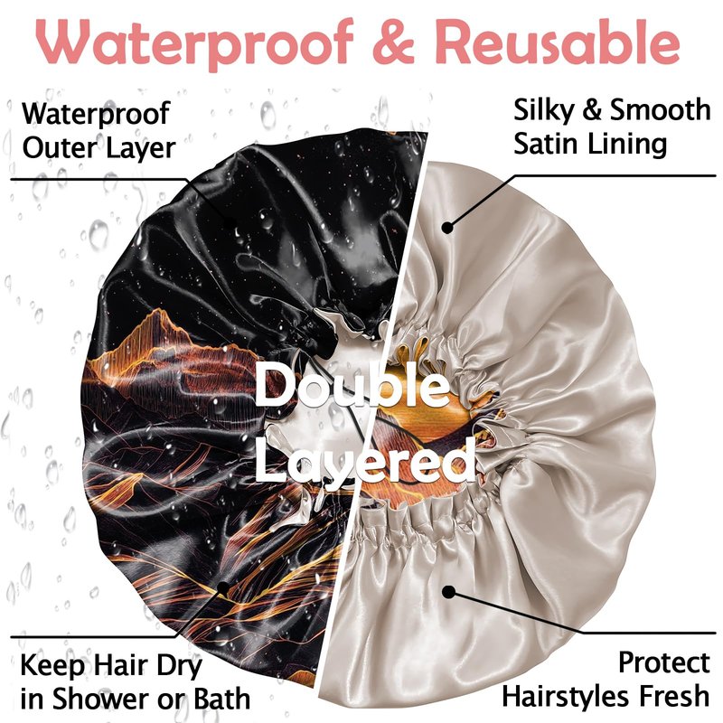 Cabreche Luxury Shower Cap Satin Silk Lined Adjustable Elastic Reusable Waterproof Shower Bath Cap Cute for Women Girls-Sunset