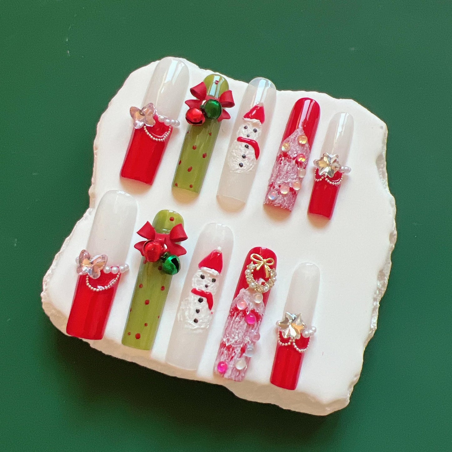 NAIL ANGEL 10PCS/SET Glamorous Handmade Press On Nails Christmas Xmas Holiday Bell Snowflake French Style Long Coffin Nails Party Nails XXL Long Artifical Tips ZJ14 (ZJ14, S)