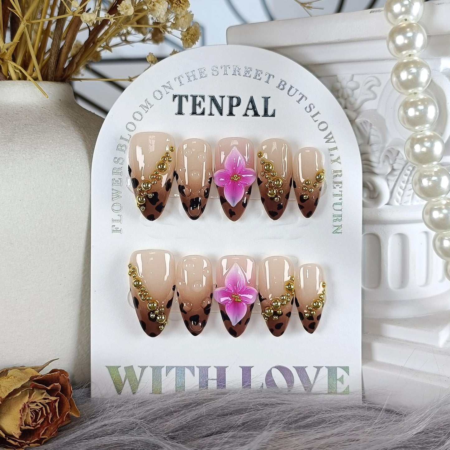 TENPAL 10-Piece Almond Press-On Nails Kit,Sexy Leopard French Tips Fake Nails with 3D Gold Beads & Pink Flowers,Brown Y2K Nails for Women, Edgy Yet Cute Daily Wear False Nails with All Tools(L)