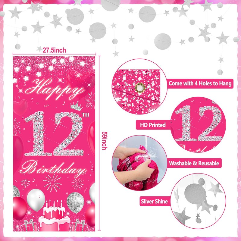TSVATE 12th Birthday Decorations for Girls, Daughter, Pink 12 Year Old Girl Birthday Decorations, Happy 12th Birthday Banner, Backdrop, Yard, Door, Wall, Number 12 Balloon, Pompoms, Star Garland