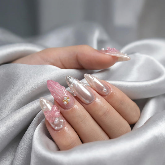 Long Press on Nails Almond Fake Nails Pink Artificial Nail Seeneey Pearl and Silver Charm Designs Beach Stick on Nail for Women 24pcs